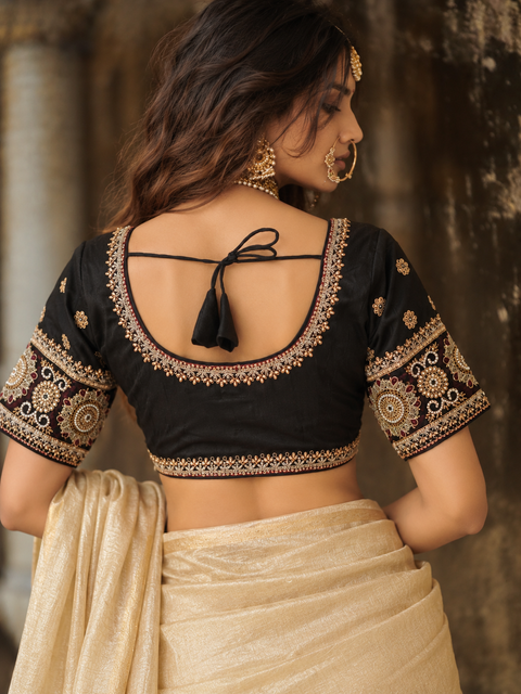 Black & Gold Floral Embroidered Round Neck Saree Blouse | Festive Designer Blouse