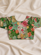 Plus Size Green Floral Embroidered Patchwork Saree Blouse with U Neck