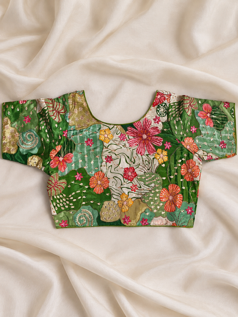 Plus Size Green Floral Embroidered Patchwork Saree Blouse with U Neck