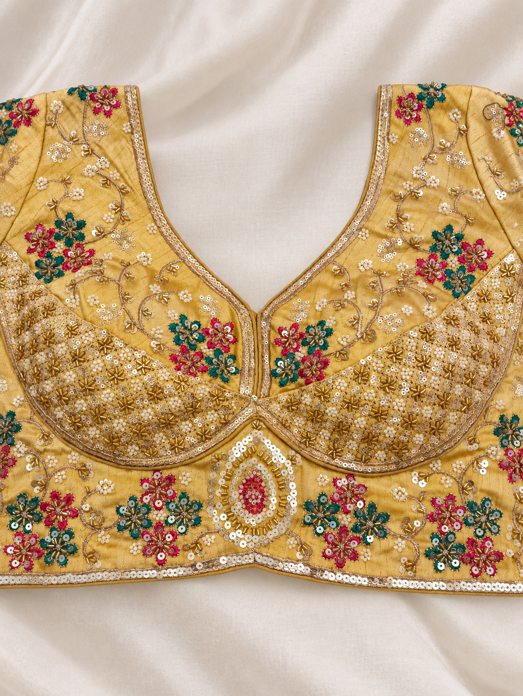 Sunehri Bahaar Golden Floral Embroidered Designer Blouse | Sweetheart V-Neck Saree Blouse