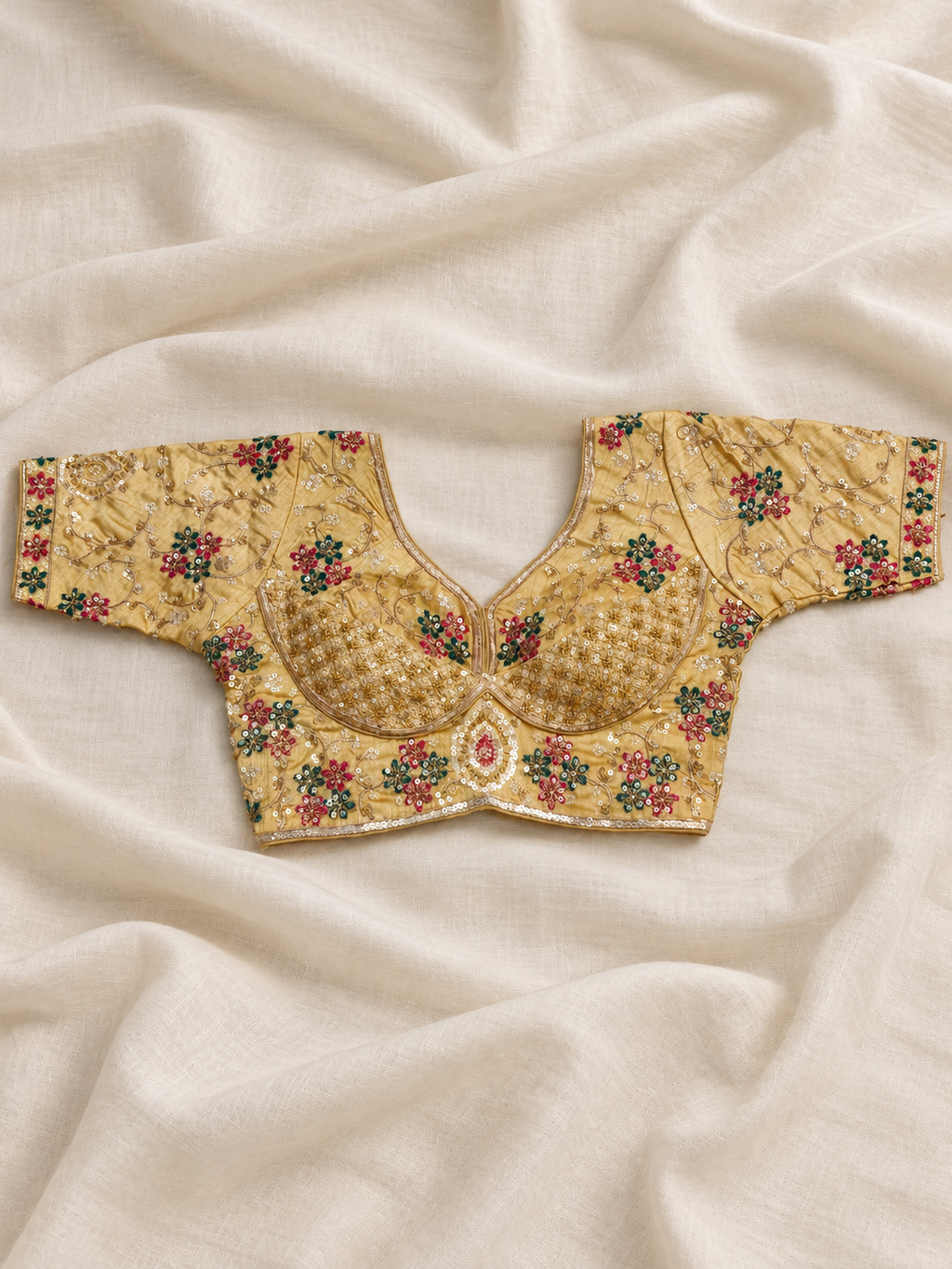 Sunehri Bahaar Golden Floral Embroidered Designer Blouse | Sweetheart V-Neck Saree Blouse