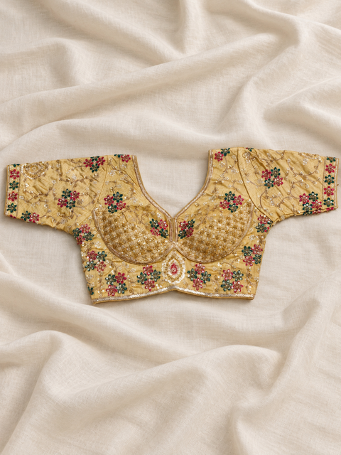 Sunehri Bahaar Golden Floral Embroidered Designer Blouse | Sweetheart V-Neck Saree Blouse