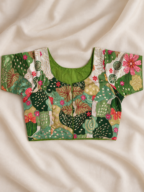 Plus Size Green Floral Embroidered Patchwork Saree Blouse with U Neck