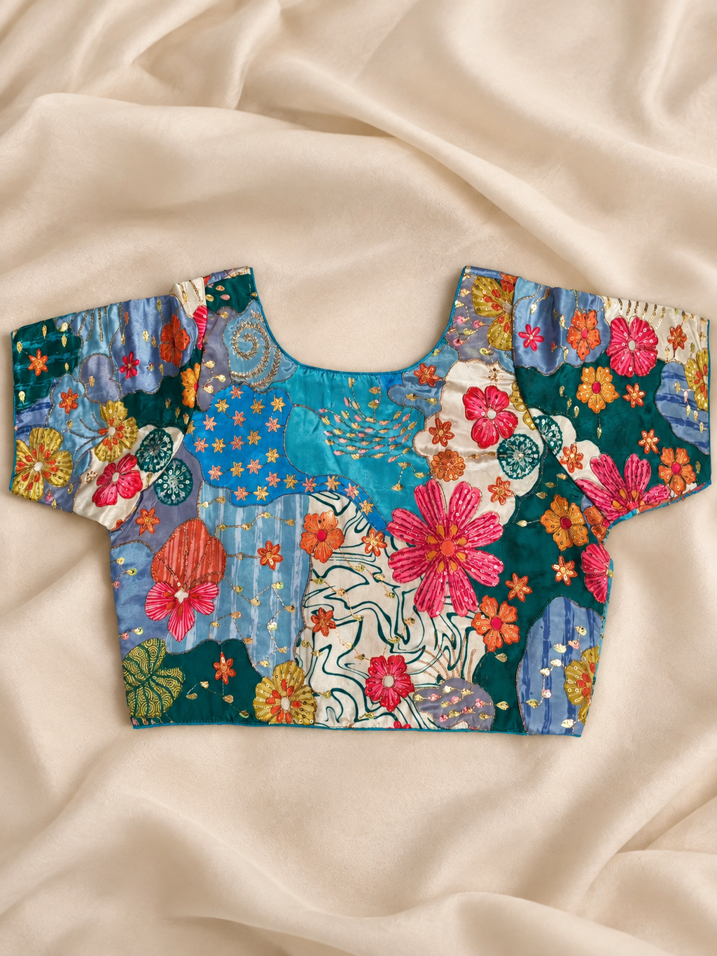 Plus Size Blue & Teal Floral Embroidered Patchwork Saree Blouse for Women