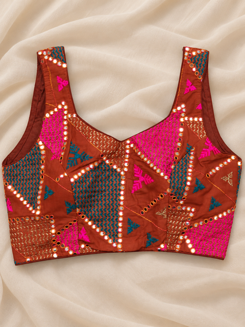 Rust Orange Multicolour Mirror Work Chaniya Choli Set with Geometric Embroidery