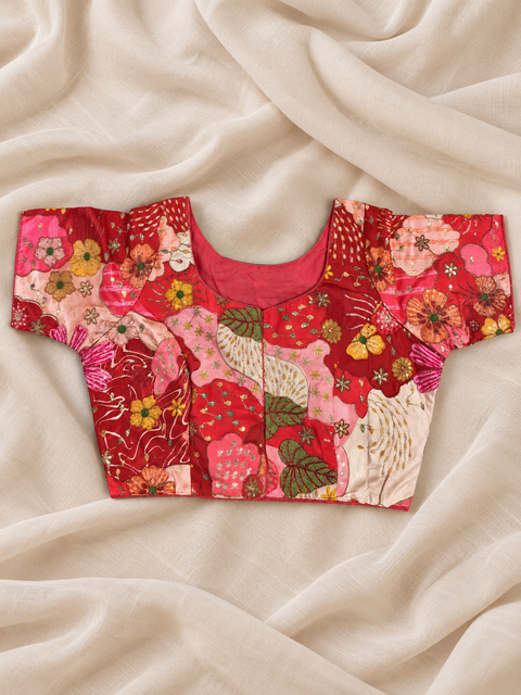 Plus Size Red & Pink Floral Embroidered Patchwork Saree Blouse for Women