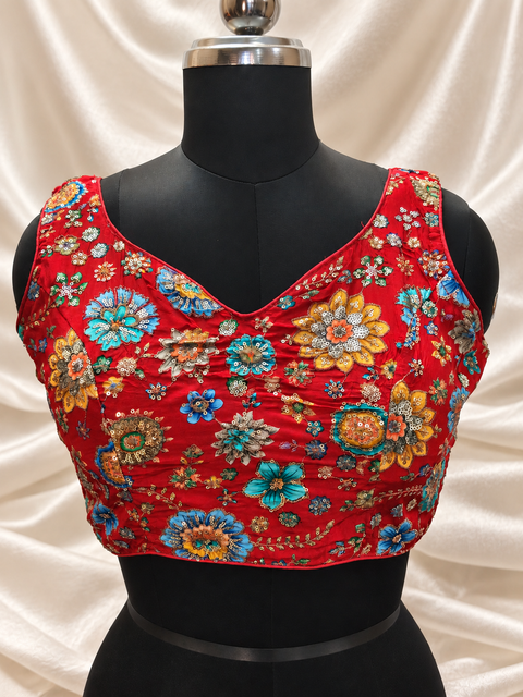 Rang Barse – Red Multicolour Floral Embroidered Designer Blouse