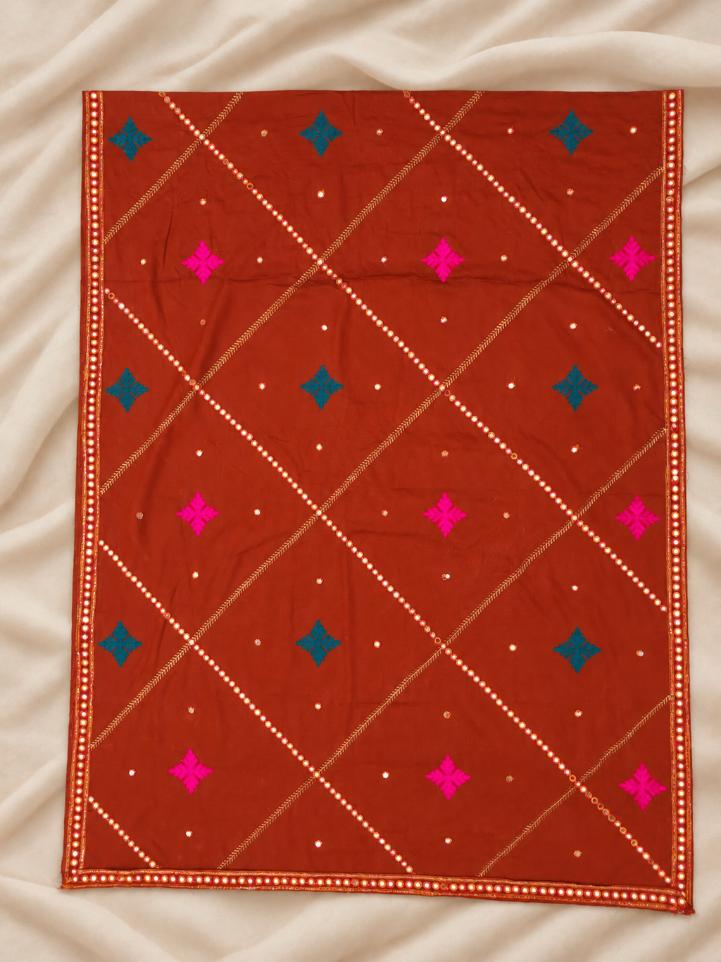 Rust Orange Multicolour Mirror Work Chaniya Choli Set with Geometric Embroidery