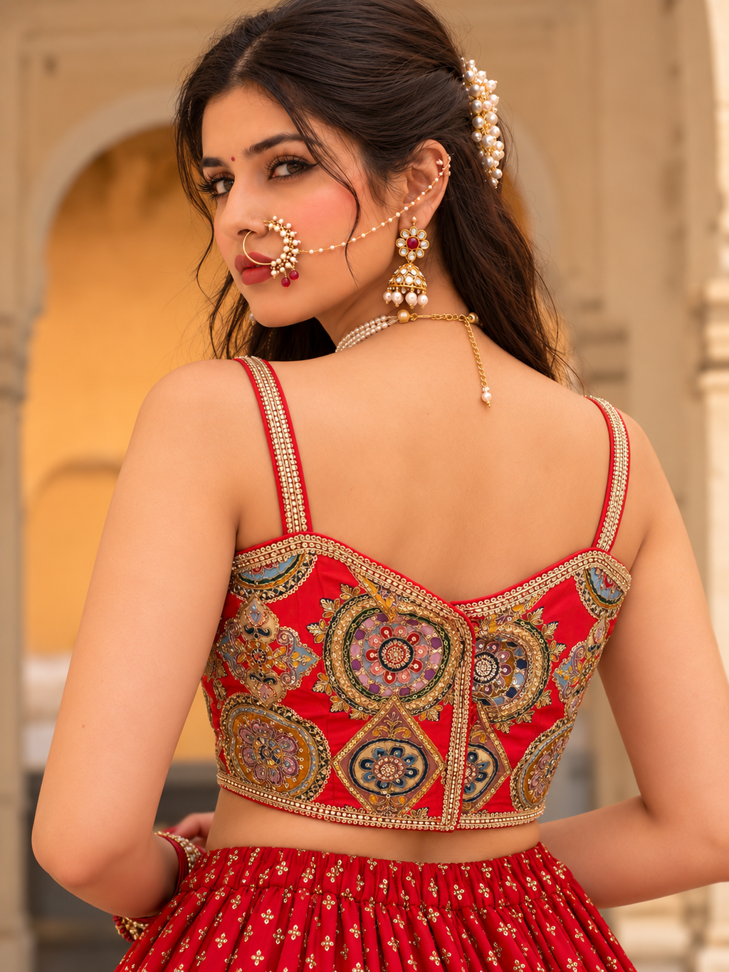 Red Multicolour Embroidered Designer Blouse
