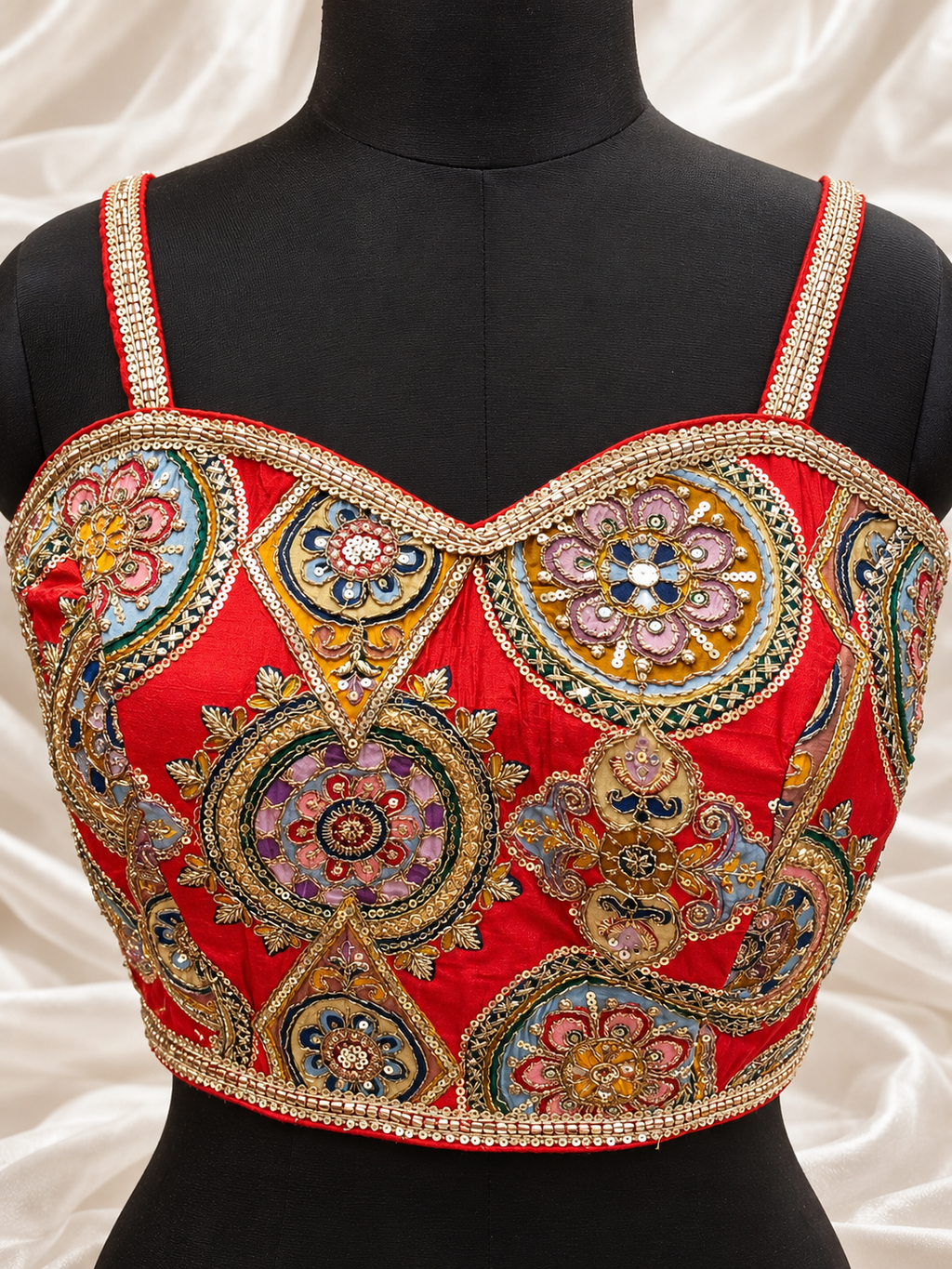 Red Multicolour Embroidered Designer Blouse