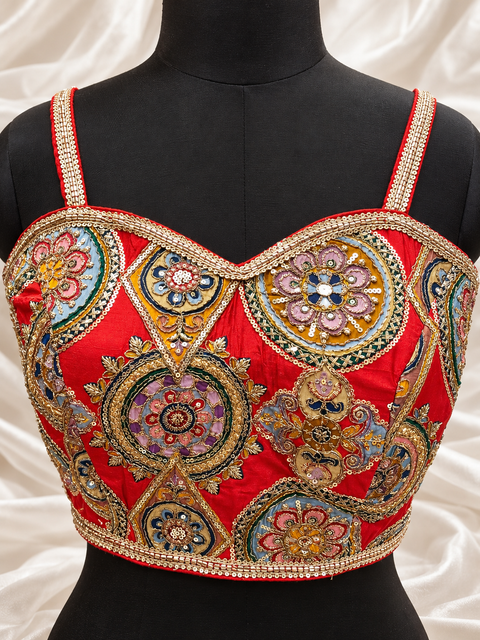 Red Multicolour Embroidered Designer Blouse