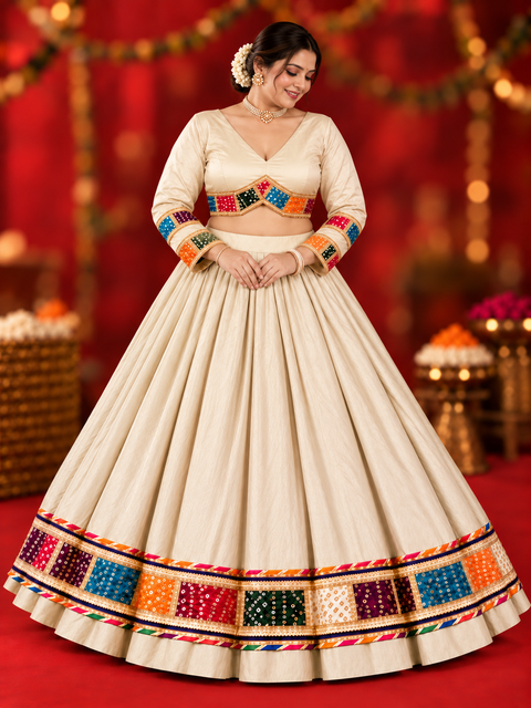 Bole Chudiya Ivory Bandhani Strip Mirror-Work Chania Choli