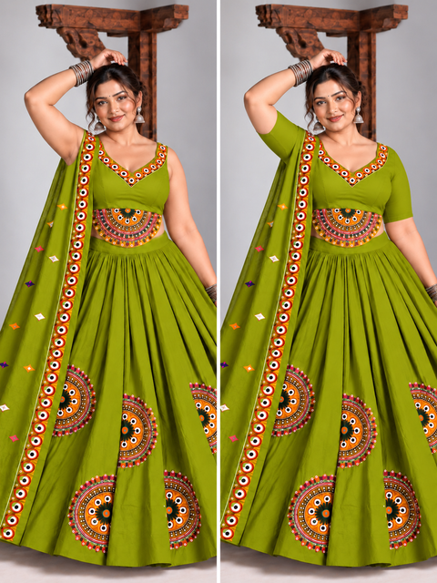 Ghoomar Half Chakra Olive Green Corset Lehenga Set- Plus size