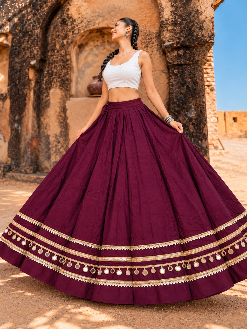 Gulabi Aankhen Maroon Ghagra with Golden Gota Patti & Mirror Work | Navratri Garba Lehenga Skirt