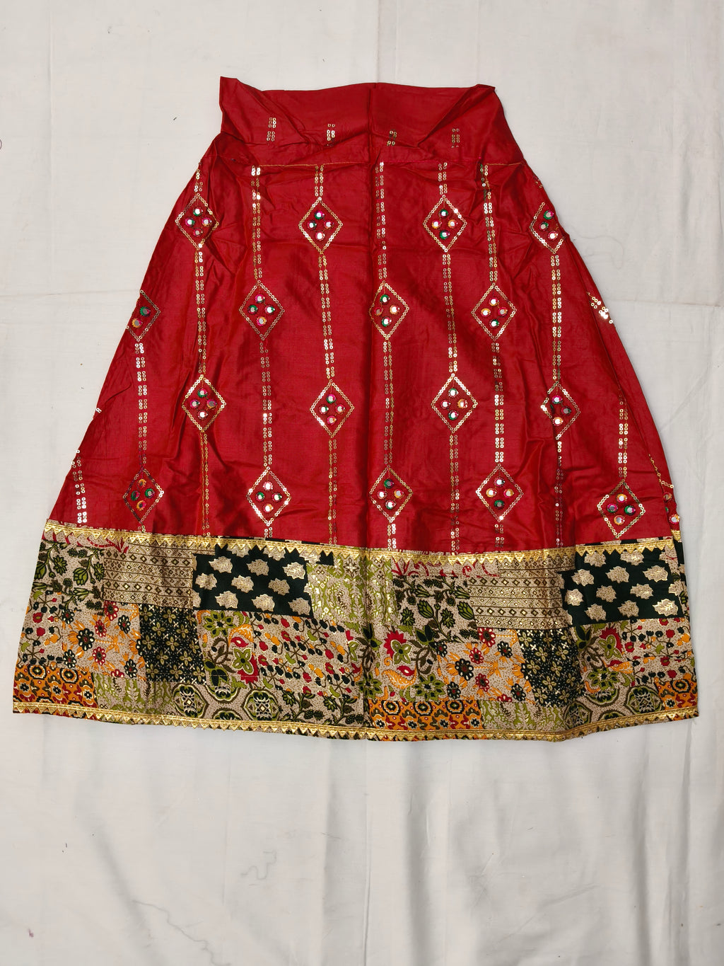 Red Ajrakh Print Sequin Work Ghagra Choli for Girls | Kids Festive Lehenga Set