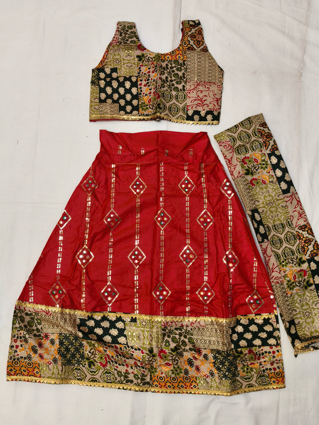 Red Ajrakh Print Sequin Work Ghagra Choli for Girls | Kids Festive Lehenga Set
