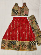 Red Ajrakh Print Sequin Work Ghagra Choli for Girls | Kids Festive Lehenga Set