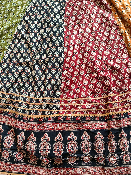 Atrangi Multicolour Ajrak Chaniya Choli with Green Dupatta