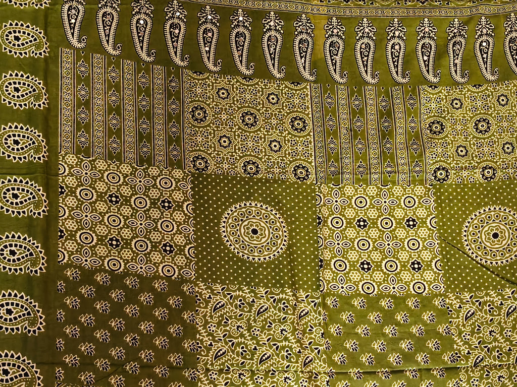 Atrangi Multicolour Ajrak Chaniya Choli with Green Dupatta