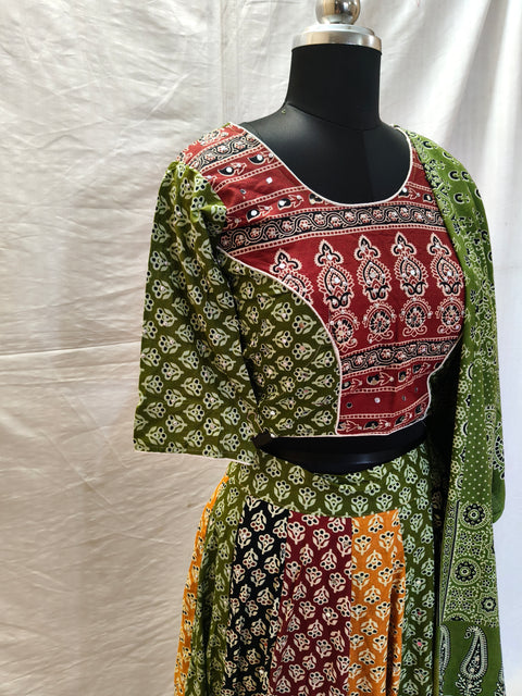 Atrangi Multicolour Ajrak Chaniya Choli with Green Dupatta