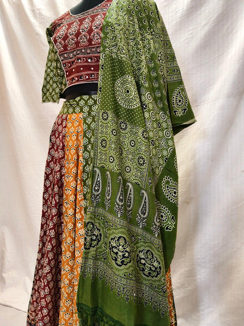Atrangi Multicolour Ajrak Chaniya Choli with Green Dupatta