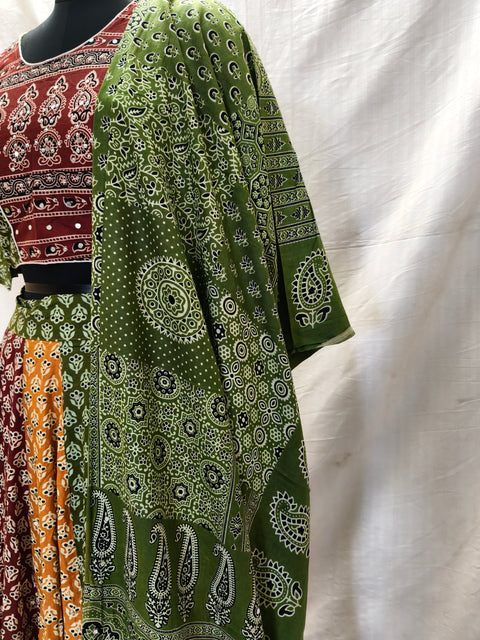 Atrangi Multicolour Ajrak Chaniya Choli with Green Dupatta
