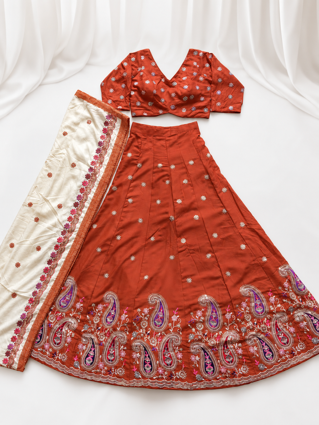 Kajrare Orange Mango Paisley Embroidered Chaniya Choli product detail