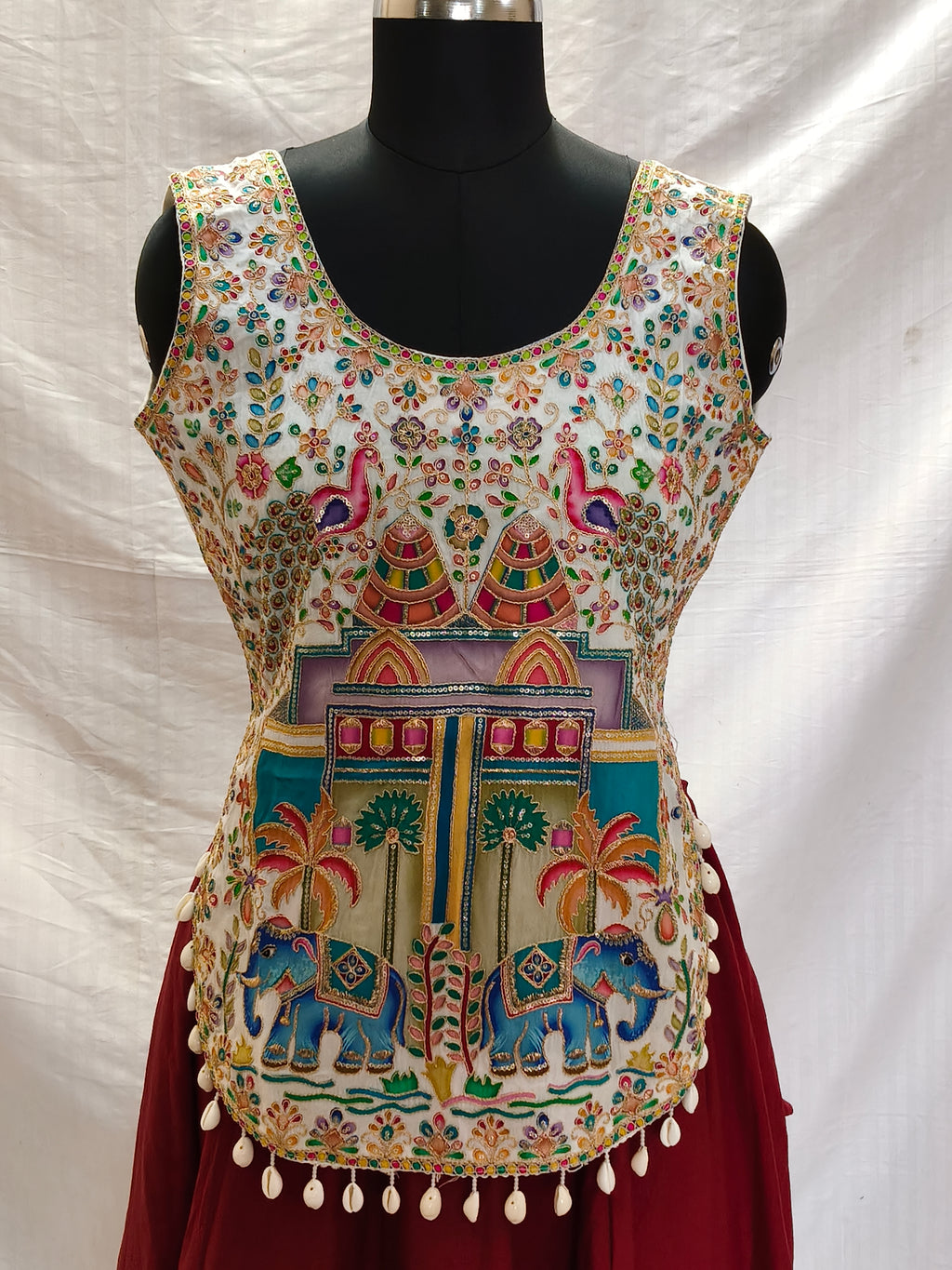 Kedia-style Kurti Blouse White Elephant Motif