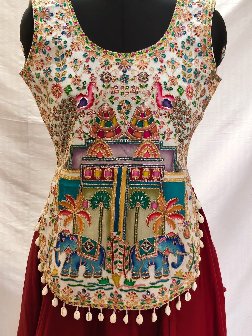 Kedia-style Kurti Blouse White Elephant Motif