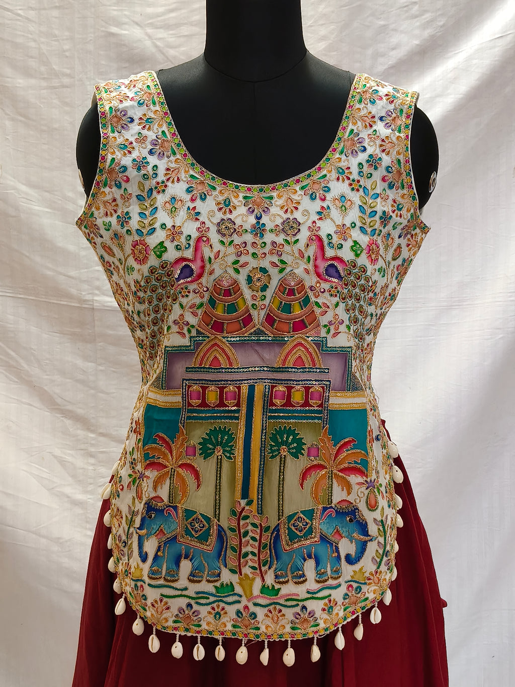 Kedia-style Kurti Blouse White Elephant Motif