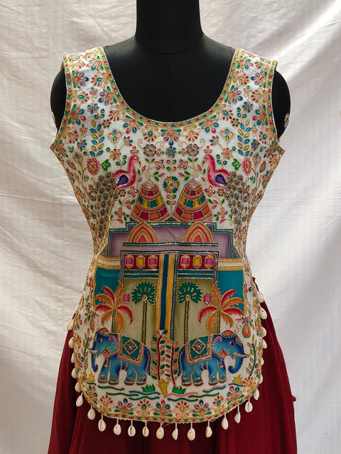 Kedia-style Kurti Blouse White Elephant Motif