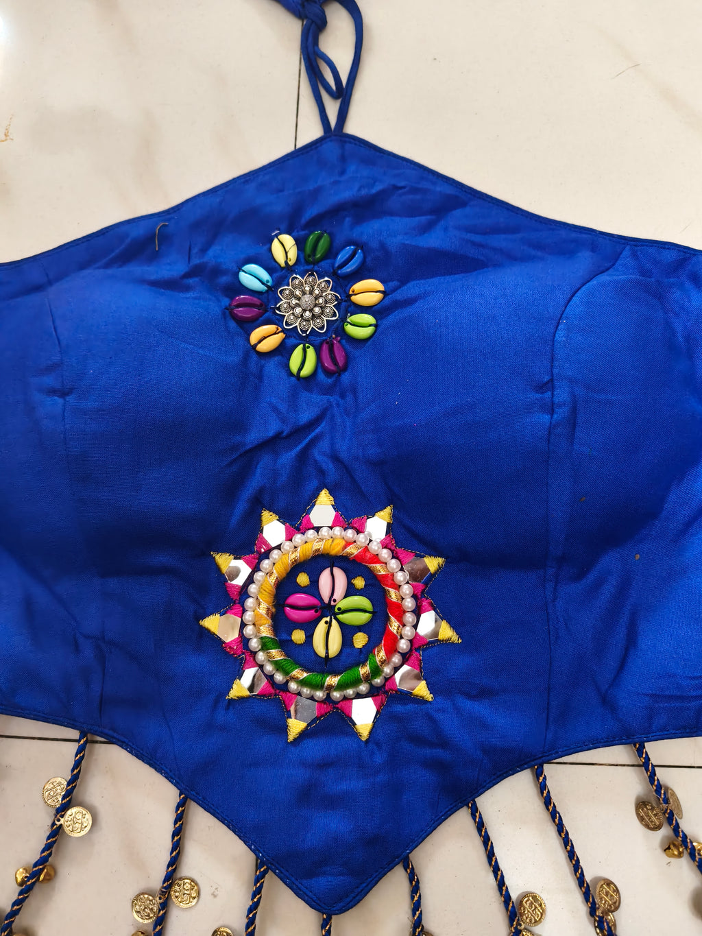 Royal Blue Cowrie Shell Work Halter Neck Blouse with Tassels