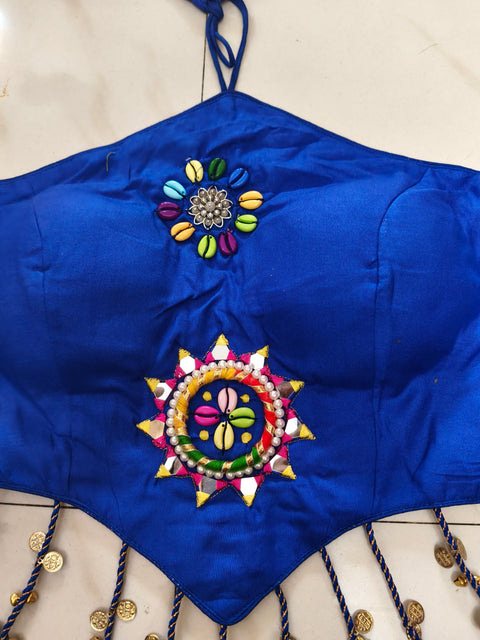 Royal Blue Cowrie Shell Work Halter Neck Blouse with Tassels
