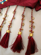 Rangrez Maroon Cowrie Shell Work Halter Neck Blouse with Long Tassels