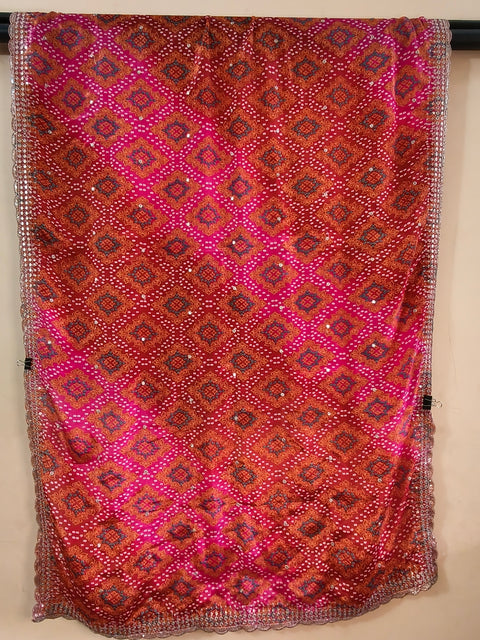 Gulabi Bandhani Mirror Work Dupatta
