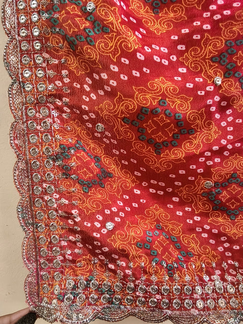 Gulabi Bandhani Mirror Work Dupatta