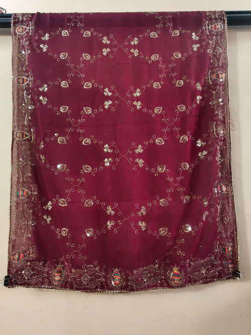 Rang De Basanti Maroon Dupatta with Golden Sequin & Multicolour Embroidery | Navratri Festive Wear