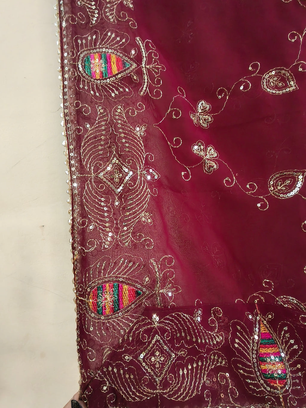 Rang De Basanti Maroon Dupatta with Golden Sequin & Multicolour Embroidery | Navratri Festive Wear