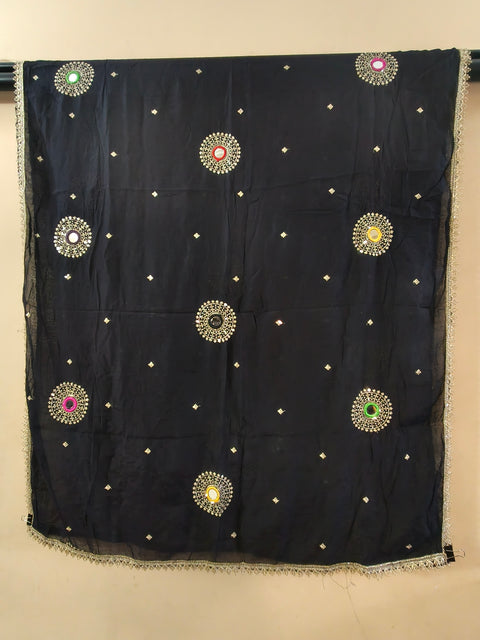 Kaali Chandni Black Multicolor Mirror Work Dupatta with Golden Lace | Navratri Dupatta