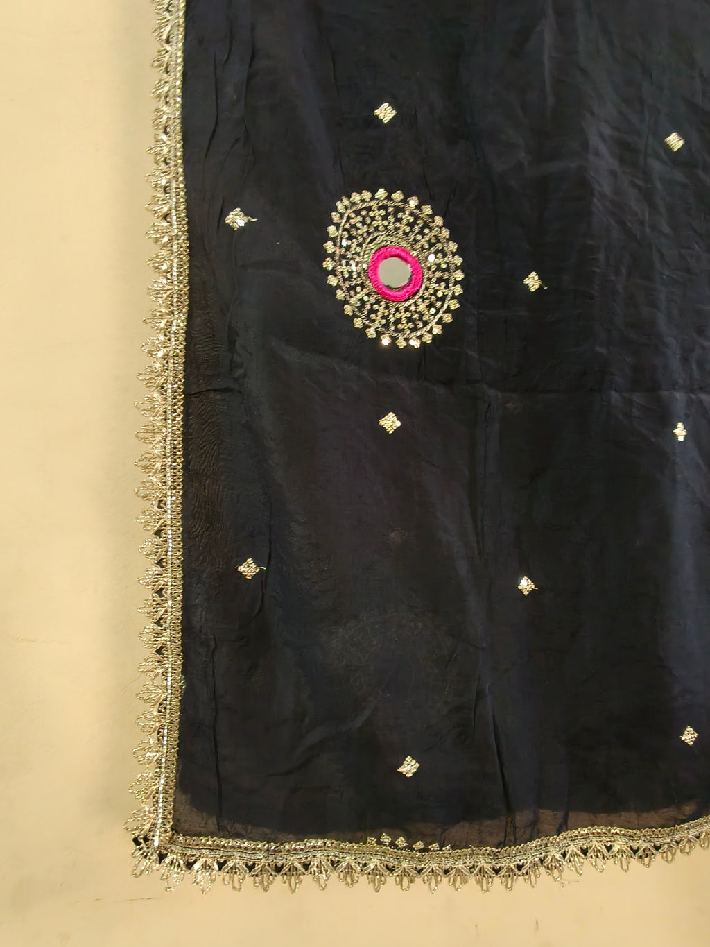 Kaali Chandni Black Multicolor Mirror Work Dupatta with Golden Lace | Navratri Dupatta