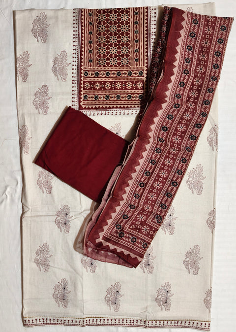 Cotton chikan fancy neck Dress Material