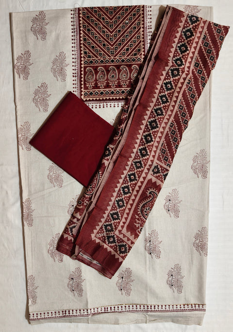 Cotton chikan fancy neck Dress Material