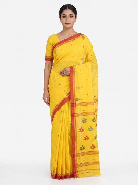 Jamdani Cotton Yellow and Red Saree