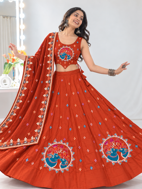 Gokul Leela Orange Ghagra Lehenga Set- Plus Size Friendly