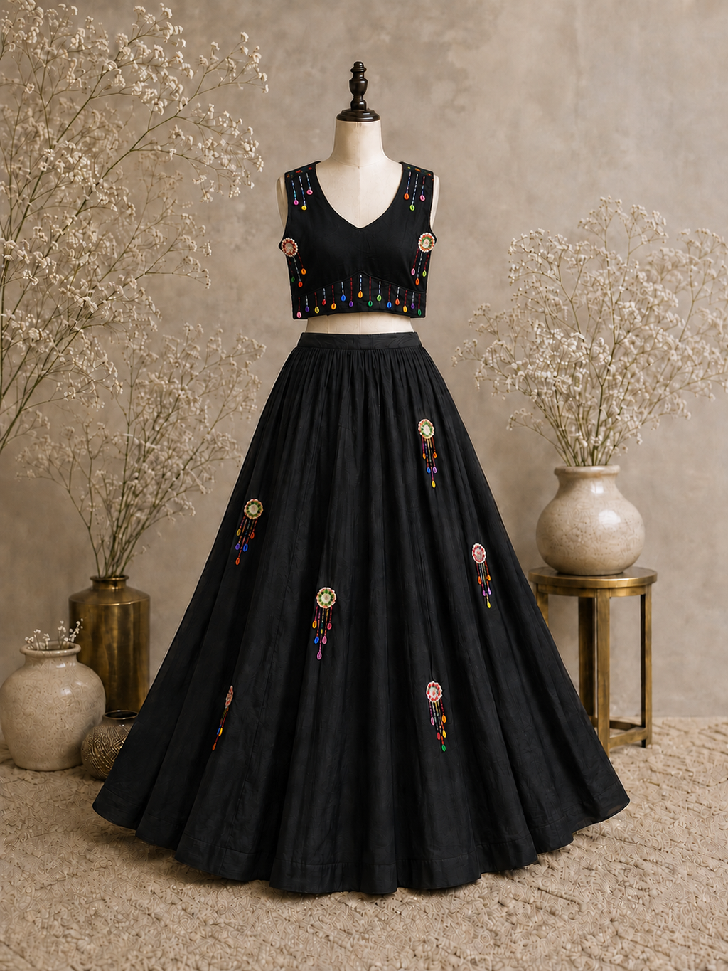 Mirror Work Black Cowrie Lehenga Choli