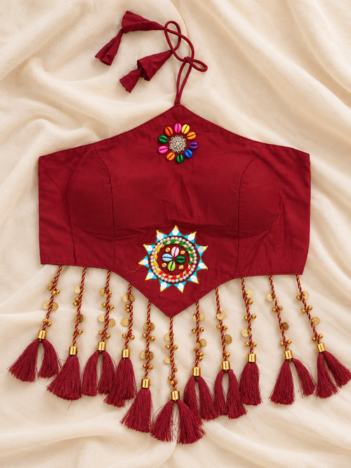Rangrez Maroon Cowrie Shell Work Halter Neck Blouse with Long Tassels