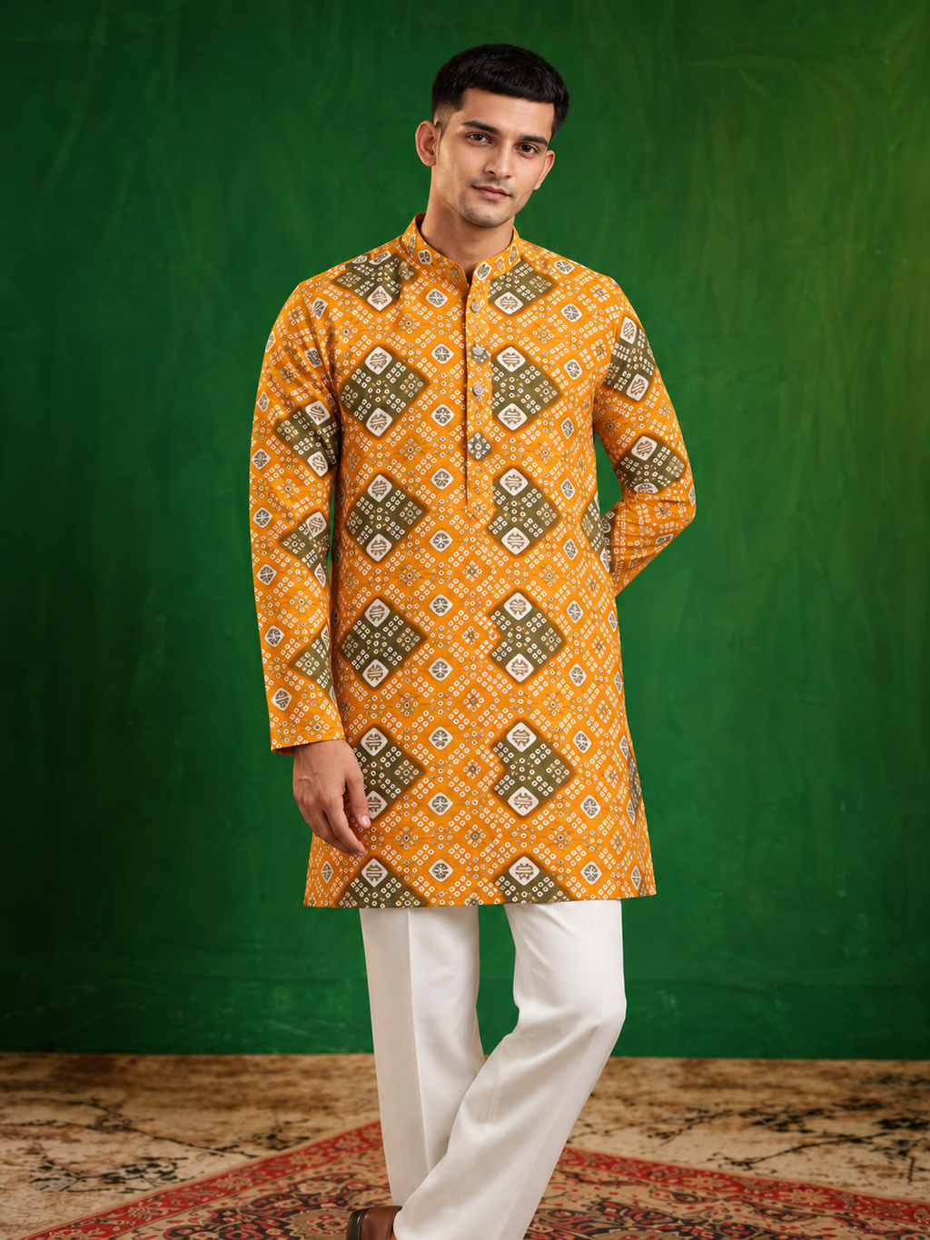 Desi Boyz – Kesari Bandhani Print Kurta for Men