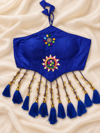 Royal Blue Cowrie Shell Work Halter Neck Blouse with Tassels