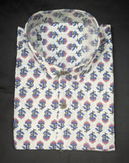 Ivory Pink-Blue Floral Buta Print Shirt