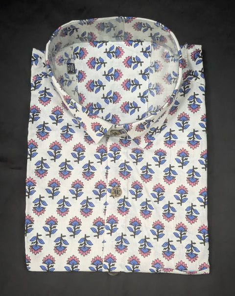 Ivory Pink-Blue Floral Buta Print Shirt